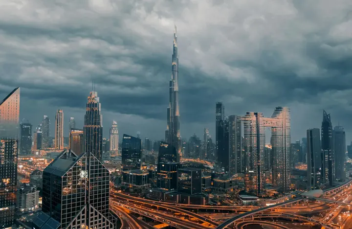 Downtown Dubai skyline with the Burj Khalifa at dusk