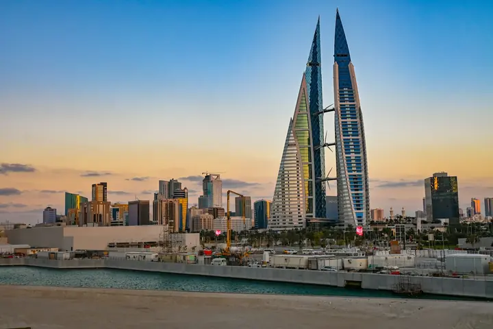 Bahrain World Trade Center in Manama at sunrise