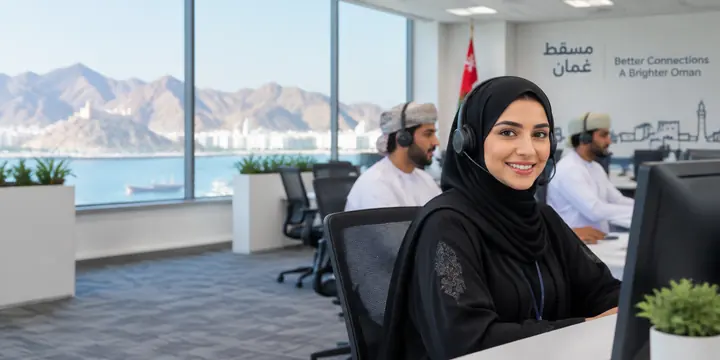 Omani customer service agent with headset in a Muscat contact centre, supported by io2 voice AI agents